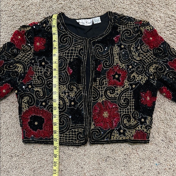 Black Beaded Jacket Long Sleeve Red Gold Embroidery Sequin Vintage Size Medium - Picture 13 of 15